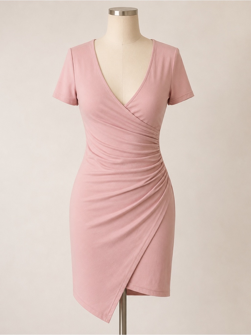 Women's Wrap-Style Short Sleeve Dress in Dusty Pink